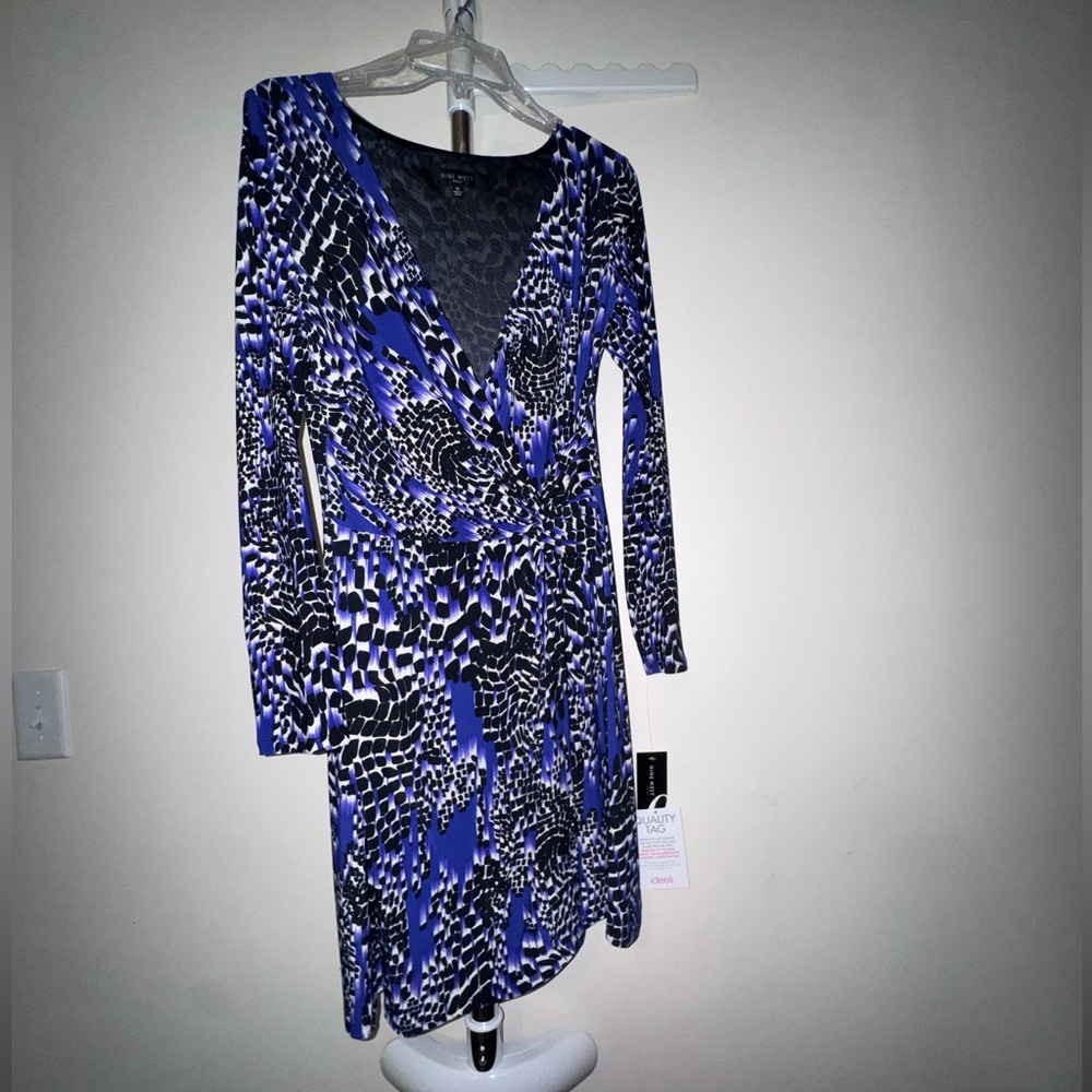 Nine West Wrap-Style Printed Dress in Blue and Black